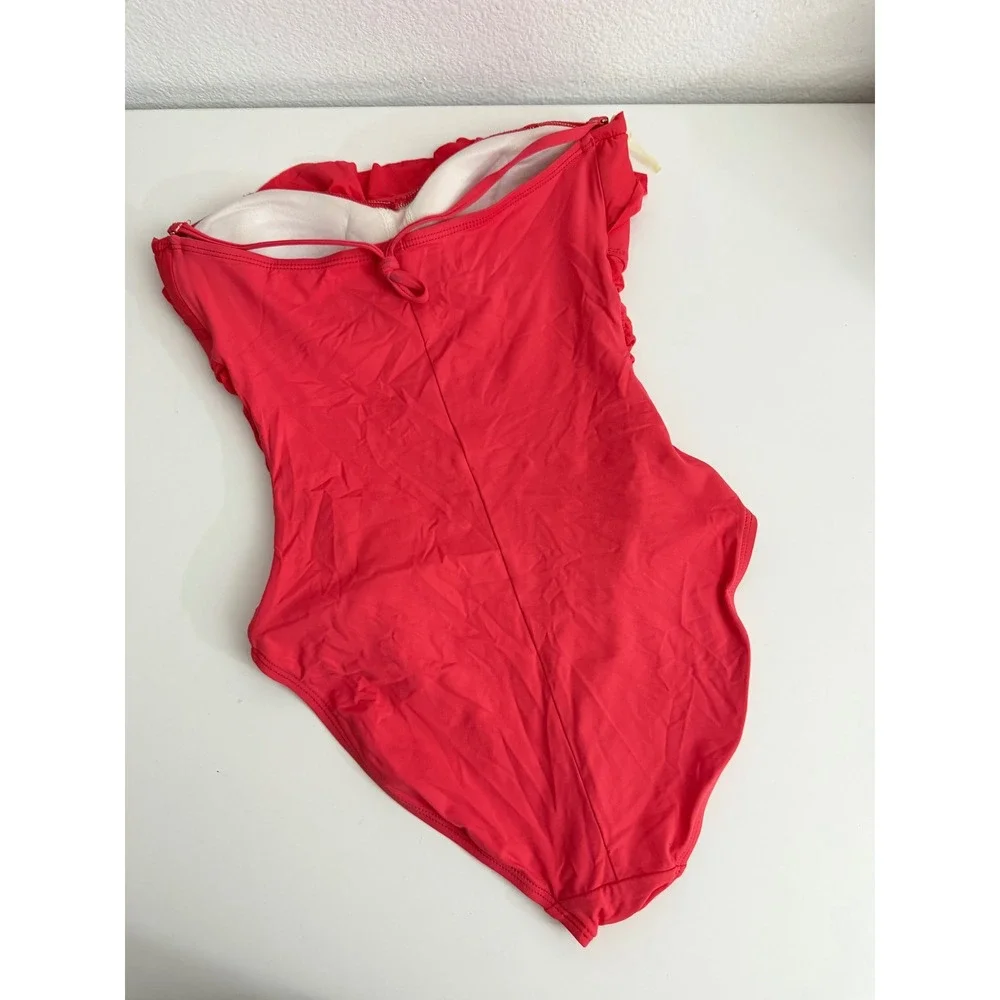 La Blanca Red Ruffle Ruched One Piece Swimsuit Bandeau Halter Size 6